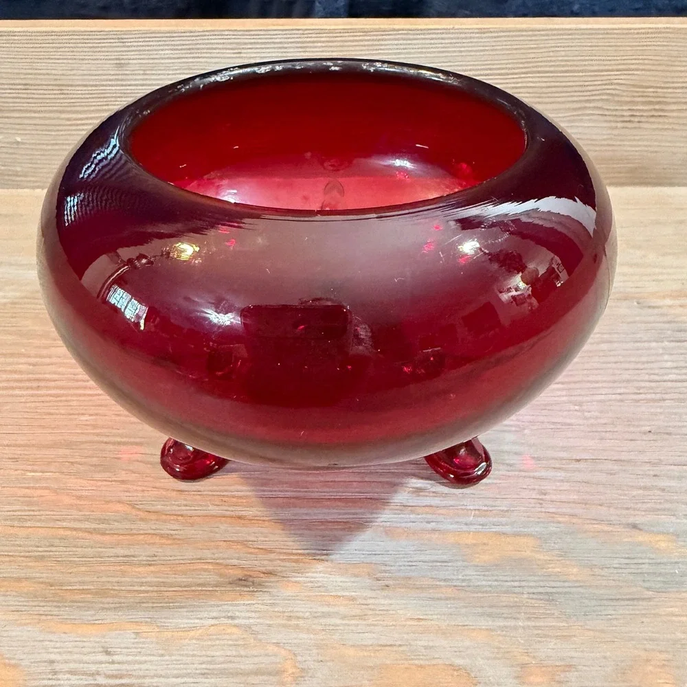 Vintage Ruby Red Glass Rose‎ Bowl Tripod Footed Round Vase Mid Century Modern